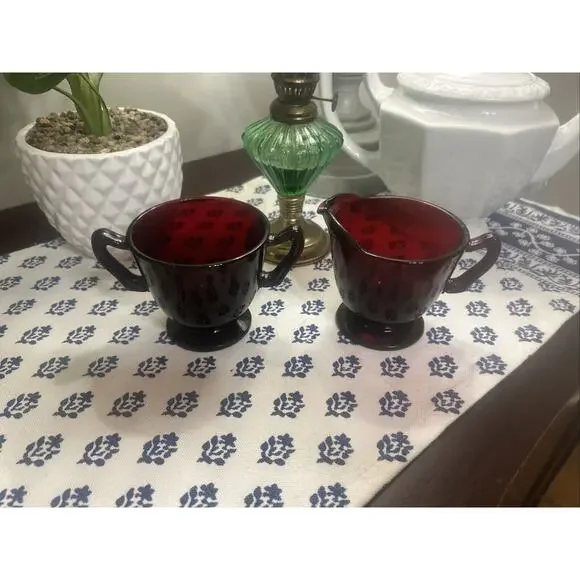 Vintage Ruby Red Glass Cream and Sugar Set - Picture 1 of 5